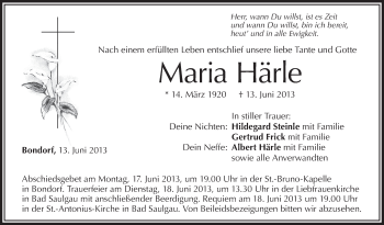 Anzeige von Maria Härle von Schwäbische Zeitung