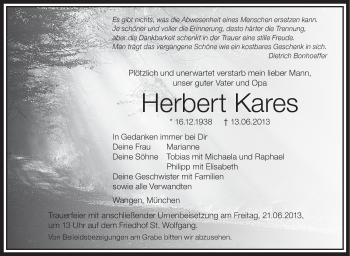 Anzeige von Herbert Kares von Schwäbische Zeitung