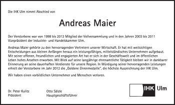 Anzeige von Andreas Maier von Schwäbische Zeitung