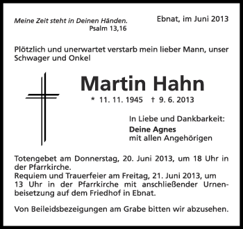 Anzeige von Martin Hahn von Schwäbische Zeitung