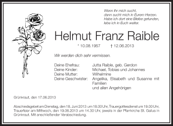 Anzeige von Helmut Franz Raible von Schwäbische Zeitung