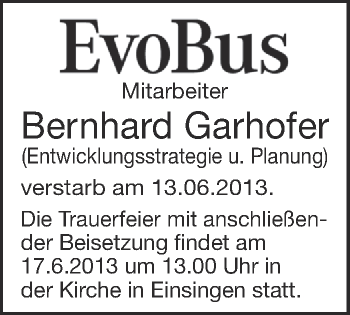 Anzeige von Bernhard Garhofer von Schwäbische Zeitung