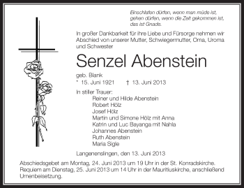 Anzeige von Senzel Abenstein von Schwäbische Zeitung