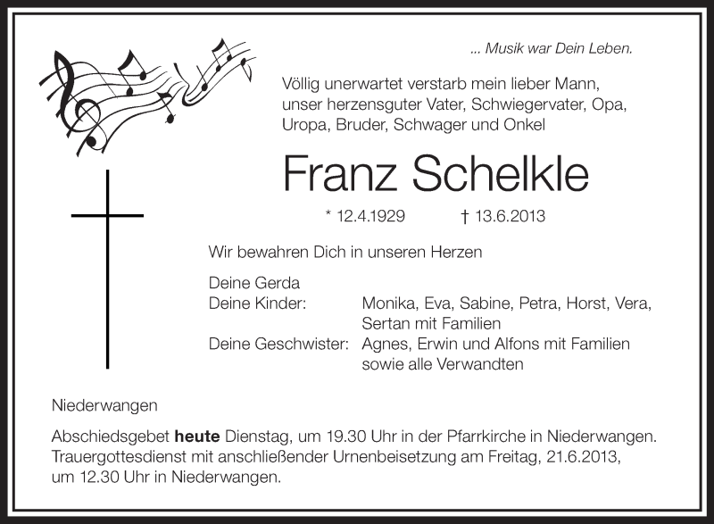  Traueranzeige für Franz Schelkle vom 18.06.2013 aus Schwäbische Zeitung