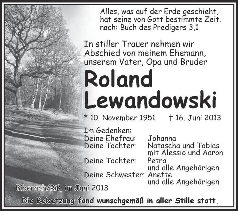  Traueranzeige für Roland Lewandowski vom 22.06.2013 aus Schwäbische Zeitung
