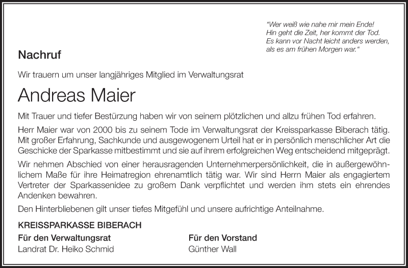  Traueranzeige für Andreas Maier vom 19.06.2013 aus Schwäbische Zeitung