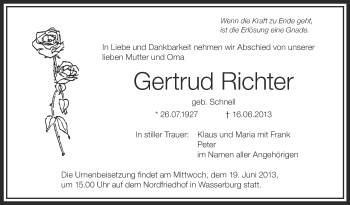 Anzeige von Gertrud Richter von Schwäbische Zeitung