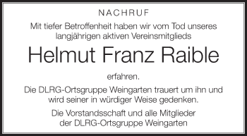 Anzeige von Helmut Franz Raible von Schwäbische Zeitung