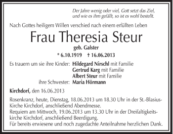 Anzeige von Theresia Steur von Schwäbische Zeitung