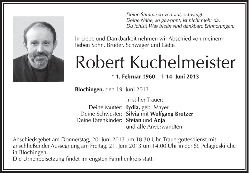  Traueranzeige für Robert Kuchelmeister vom 19.06.2013 aus Schwäbische Zeitung