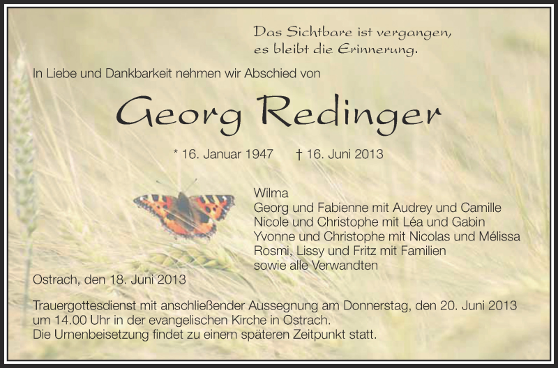  Traueranzeige für Georg Redinger vom 18.06.2013 aus Schwäbische Zeitung
