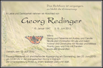 Anzeige von Georg Redinger von Schwäbische Zeitung