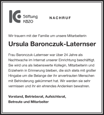 Anzeige von Ursula Baronczuk-Laternser von Schwäbische Zeitung