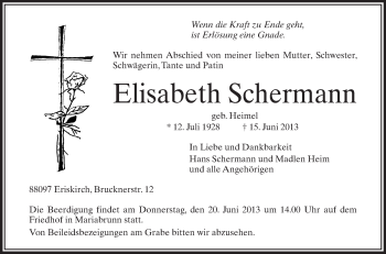 Anzeige von Elisabeth Schermann von Schwäbische Zeitung