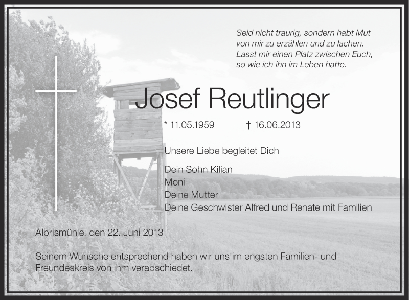  Traueranzeige für Josef Reutlinger vom 22.06.2013 aus Schwäbische Zeitung