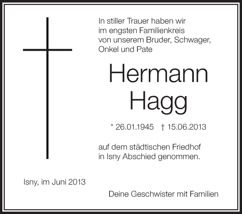  Traueranzeige für Hermann Hagg vom 22.06.2013 aus Schwäbische Zeitung