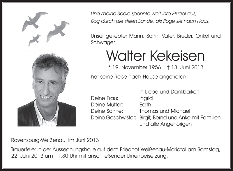  Traueranzeige für Walter Kekeisen vom 20.06.2013 aus Schwäbische Zeitung