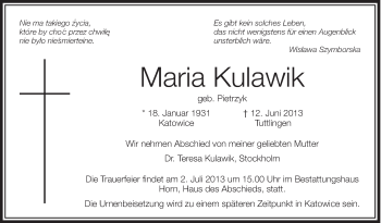 Anzeige von Maria Kulawik von Schwäbische Zeitung