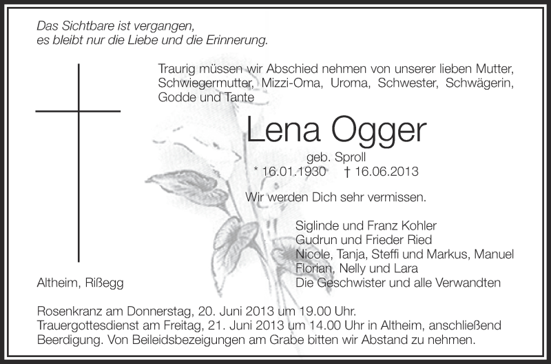  Traueranzeige für Lena Ogger vom 19.06.2013 aus Schwäbische Zeitung