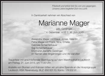 Anzeige von Marianne Mager von Schwäbische Zeitung