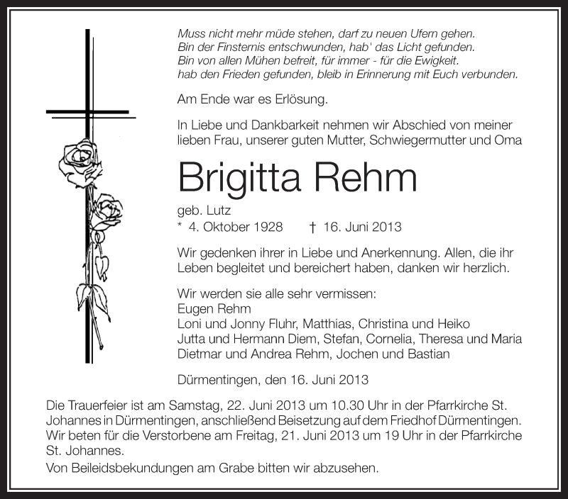  Traueranzeige für Brigitta Rehm vom 19.06.2013 aus Schwäbische Zeitung