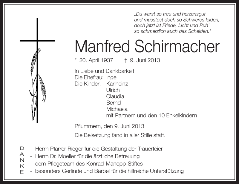  Traueranzeige für Manfred Schirmacher vom 19.06.2013 aus Schwäbische Zeitung