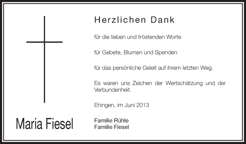  Traueranzeige für Maria Fiesel vom 21.06.2013 aus Schwäbische Zeitung
