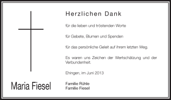 Anzeige von Maria Fiesel von Schwäbische Zeitung