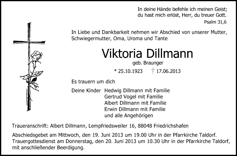  Traueranzeige für Viktoria Dillmann vom 19.06.2013 aus Schwäbische Zeitung