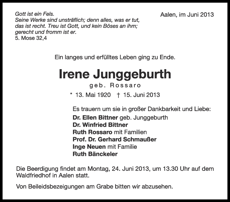  Traueranzeige für Irene Junggeburth vom 20.06.2013 aus Schwäbische Zeitung