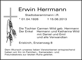 Anzeige von Erwin Herrmann von Schwäbische Zeitung