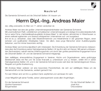 Anzeige von Andreas Maier von Schwäbische Zeitung