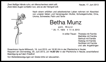 Anzeige von Betha Munz von Schwäbische Zeitung