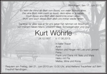 Anzeige von Kurt Wöhrle von Schwäbische Zeitung
