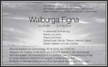 Anzeige von Walburga Figna von Schwäbische Zeitung