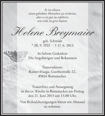 Anzeige von Helene Breymaier von Schwäbische Zeitung