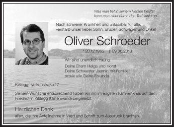 Anzeige von Oliver Schroeder von Schwäbische Zeitung