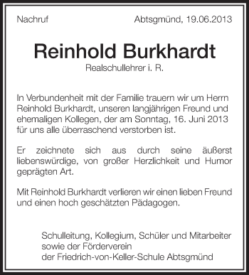 Anzeige von Reinhold Burkhardt von Schwäbische Zeitung