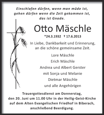 Anzeige von Otto Mäschle von Schwäbische Zeitung