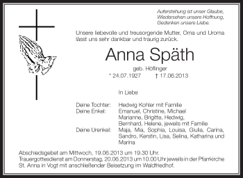 Anzeige von Anna Späth von Schwäbische Zeitung