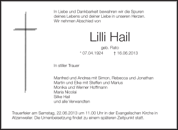 Anzeige von Lilli Hail von Schwäbische Zeitung
