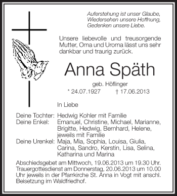 Anzeige von Anna Späth von Schwäbische Zeitung