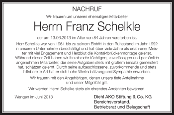 Anzeige von Franz Schelkle von Schwäbische Zeitung