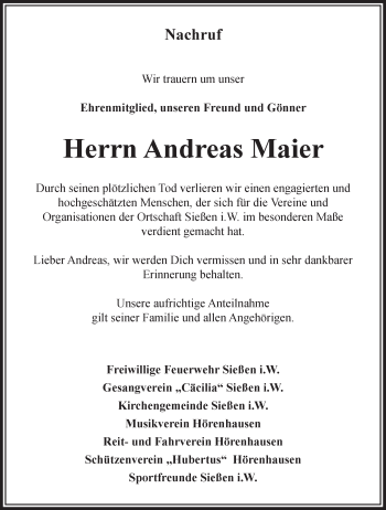 Anzeige von Andreas Maier von Schwäbische Zeitung