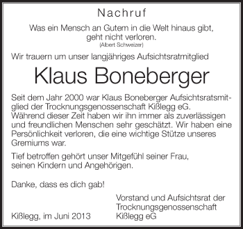 Anzeige von Klaus Boneberger von Schwäbische Zeitung