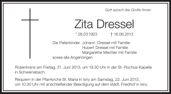 Anzeige von Zita Dressel von Schwäbische Zeitung