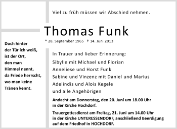 Anzeige von Thomas Funk von Schwäbische Zeitung