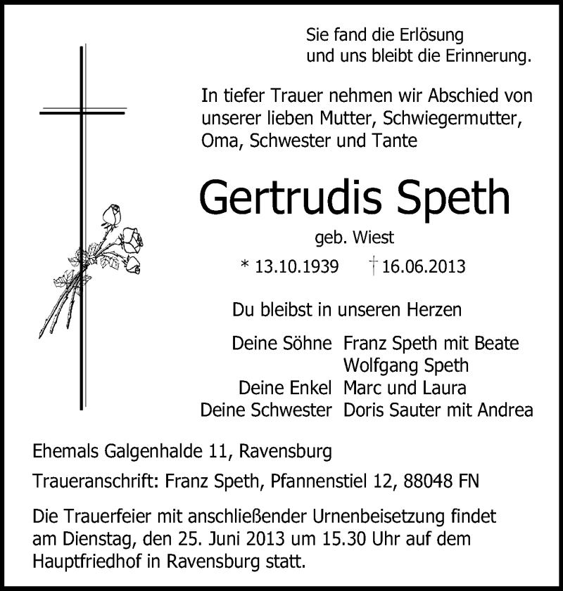  Traueranzeige für Gertrudis Speth vom 21.06.2013 aus Schwäbische Zeitung