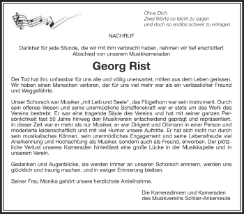 Anzeige von Georg Rist von Schwäbische Zeitung