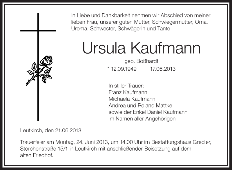  Traueranzeige für Ursula Kaufmann vom 21.06.2013 aus Schwäbische Zeitung
